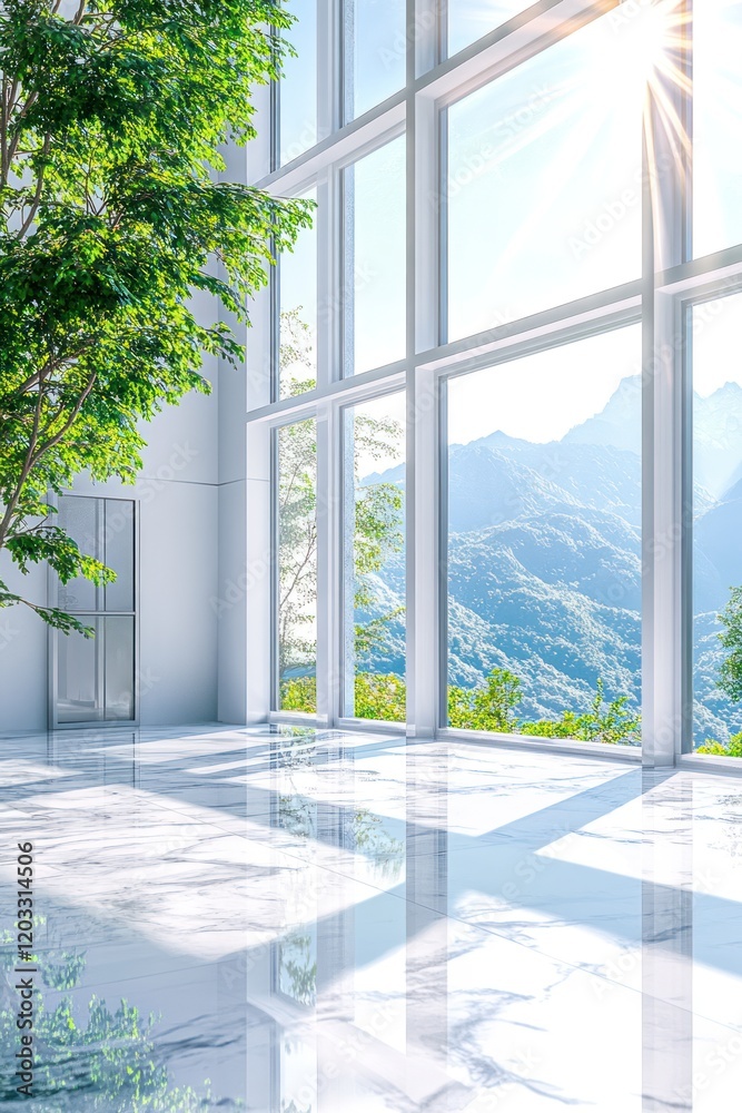 Fototapeta premium Modern building interior, sunlit, mountain view, tree, marble floor, real estate.