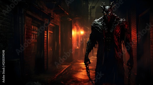 Devilish sinister figure with flaming eyes standing ominously in a shadowy urban alleyway  Mystical gothic horror fantasy scene with an atmosphere of danger and trepidation photo