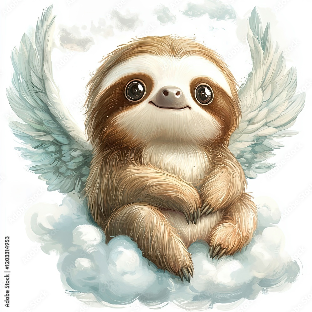 Obraz premium Cute sloth with angel wings sitting on a cloud in a whimsical fantasy setting