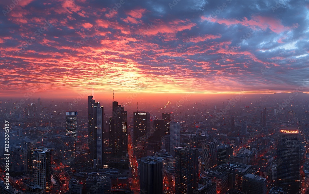Fototapeta premium Dramatic sunset over a sprawling city skyline.
