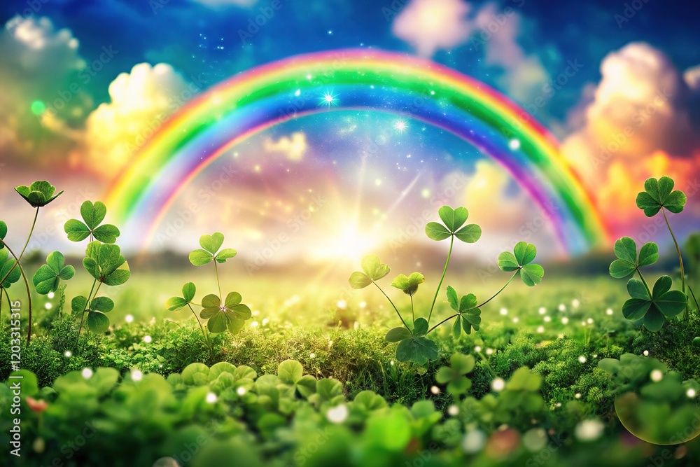 Irish fantasy landscape, vibrant bokeh light, dreamy shamrock, artful rule of thirds.