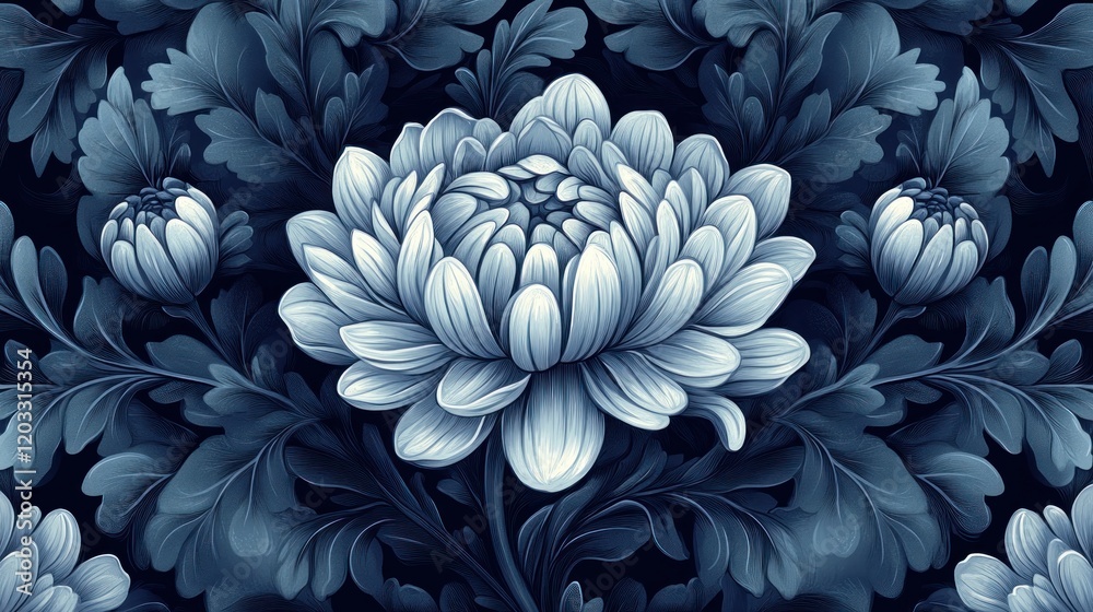 Obraz premium Elegant floral pattern featuring large blue chrysanthemums surrounded by intricate foliage design