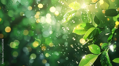 Sparkling bokeh and light bubbles on green leaves, photorealistic and minimal style