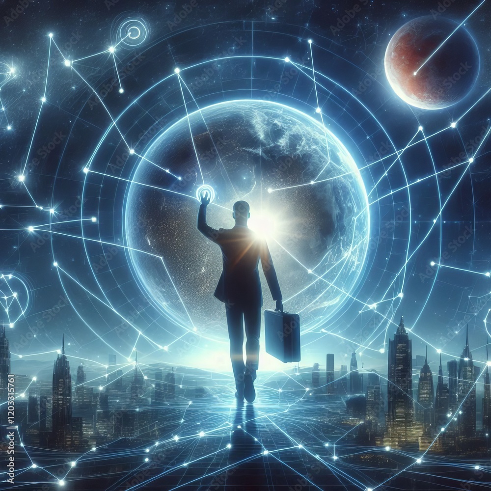 Fototapeta premium Man's movements guided by constellation lines connecting stars