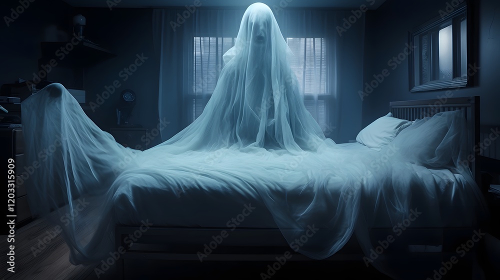 Eerie Ghostly Apparition with Glowing Blue Eyes Floating Above a Bed in a Chilling Supernatural Scene Evoking a Sense of Dread and Mystery Eerie Ghostly Apparition with Glowing Blue Eyes Floating Above a Bed in a Chilling Supernatural Scene Evoking a Sense of Dread and Mystery