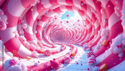 A whimsical journey through a swirling pink candy tunnel, filled with sugary delights and playful characters, evokes a sense of childhood wonder and sweet dreams.