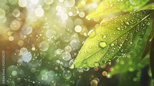 Natural bokeh and light bubbles on dewy leaves, photorealistic and minimal style