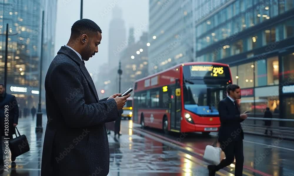 Businessman checking his phone on a rainy city street with a red bus in the background