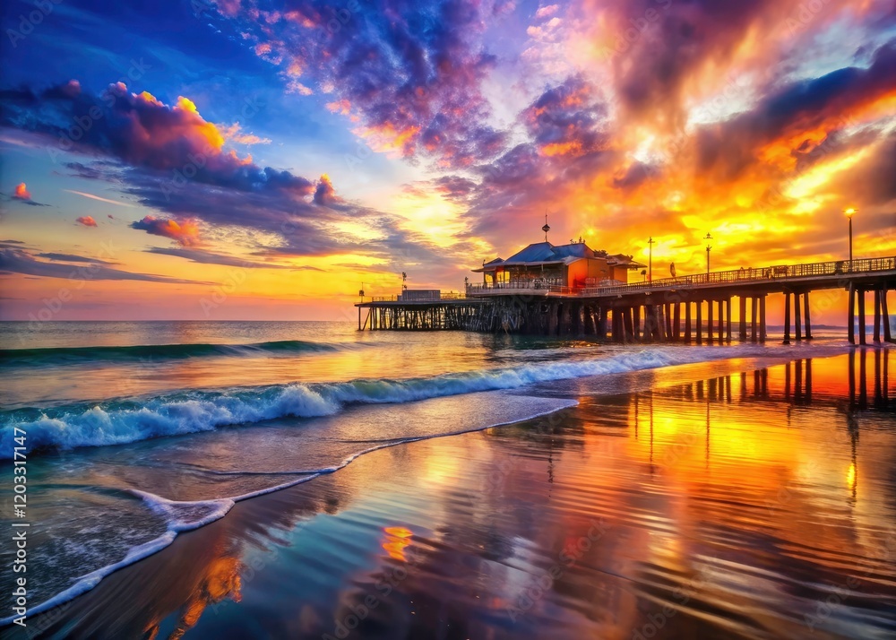 Double exposure: Santa Monica Pier silhouetted against a fiery sunset, Pacific Ocean waves crashing below. Double exposure: Santa Monica Pier silhouetted against a fiery sunset, Pacific Ocean waves crashing below.