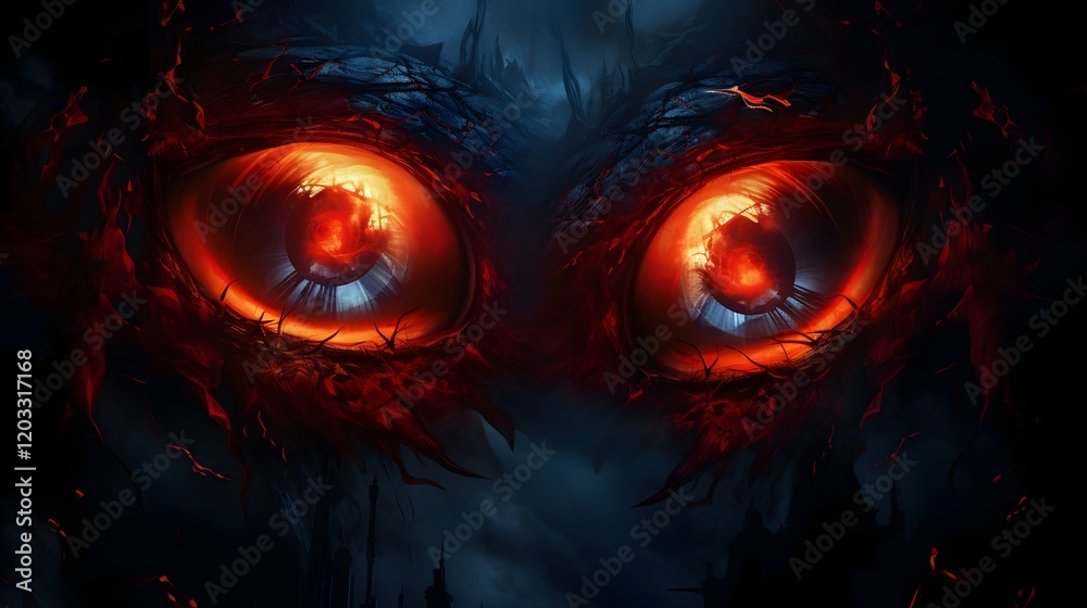 Glowing Devil Eyes Watching from the Shadows in a Dark Room Sinister and Ominous Supernatural Horror Atmosphere Glowing Devil Eyes Watching from the Shadows in a Dark Room Sinister and Ominous Supernatural Horror Atmosphere