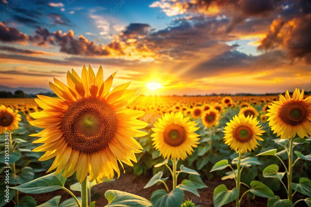 Obraz premium Stunning Sunsets Over Sunflower Fields - Golden Hour Photography