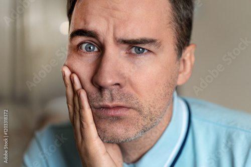 young guy with a sad emotion on her face holding his hand over the patient's jaw on a grey background. Portrait of a man in painful expression with a toothache.