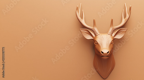 3D deer head sculpture hanging on a wall copy space, A whimsical wall mounted sculpture of a deer with antlers in a monochrome light brown color, AI generated