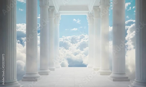 A majestic pathway of white columns leads toward a serene cloud-filled sky, creating a sense of tranquility and grandeur.
