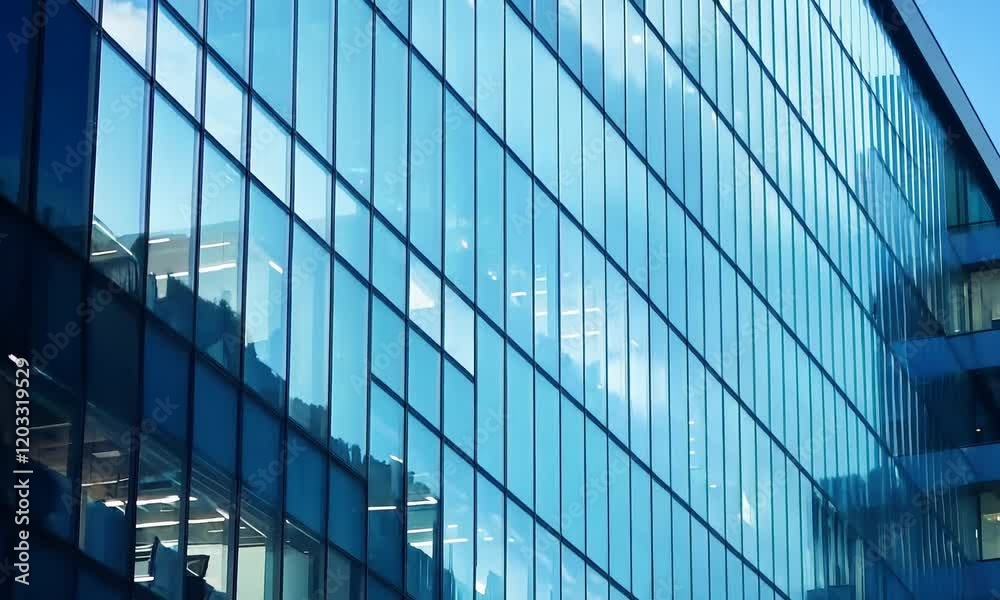 features a modern office building with reflective glass windows, an urban setting and the interplay of light and architecture.