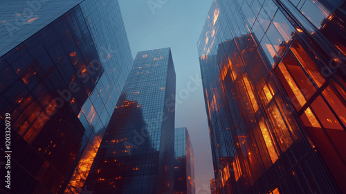 Night cityscape close-up of illuminated modern glass skyscrapers