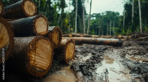 A close-up of a stack of freshly cut logs in a deforested forest, symbolizing the ecological harm caused by illegal logging