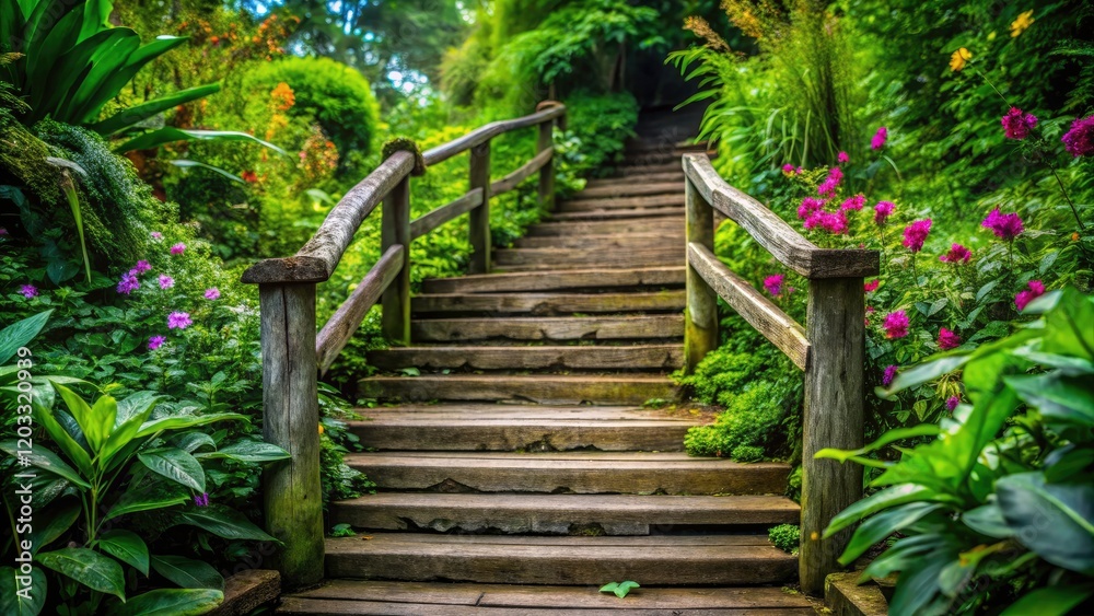 Green steps wind upwards through a blossoming botanical garden; vintage photography reveals nature's artistry and architectural detail. Green steps wind upwards through a blossoming botanical garden; vintage photography reveals nature's artistry and architectural detail.