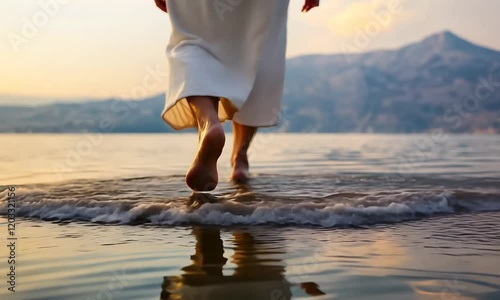 A serene scene of a jesus christ walking barefoot on water, with mountains in the background and a golden sunset illuminating the landscape.