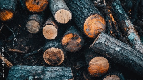 A close-up view of freshly cut logs scattered on a deforested forest floor, illustrating the destructive impact of illegal logging