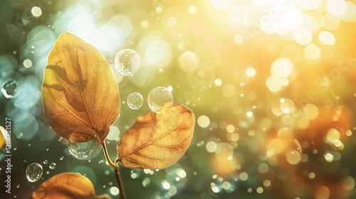 Sunlit leaves with natural bokeh and light bubbles, photorealistic and minimal style