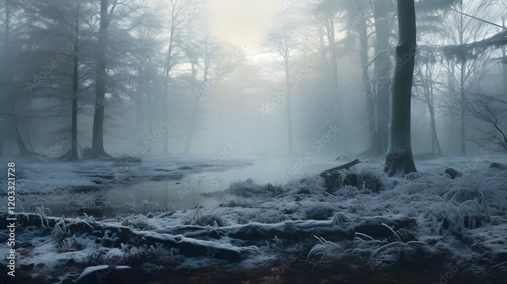Naklejka premium Enchanting and mystical winter landscape in a frosty mist shrouded forest A serene and tranquil scene of a foggy morning in the snowy woodlands