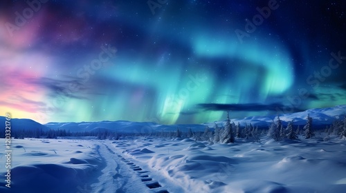Captivating display of the Northern Lights Aurora Borealis illuminating the snowy tundra with a breathtaking natural light show in the night sky
