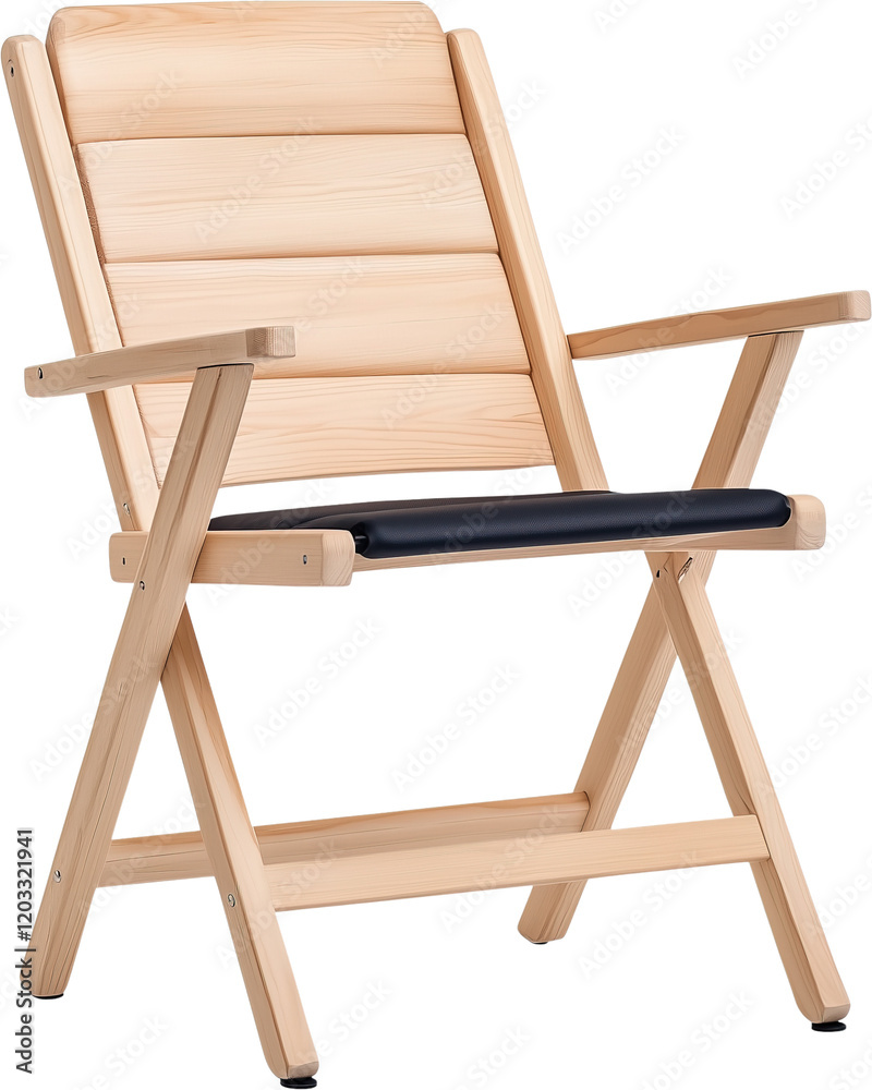 Wooden folding chair with a dark gray cushion isolated on transparent background, The chair has a simple, elegant design, perfect for indoor or outdoor use. Wooden folding chair with a dark gray cushion isolated on transparent background, The chair has a simple, elegant design, perfect for indoor or outdoor use.