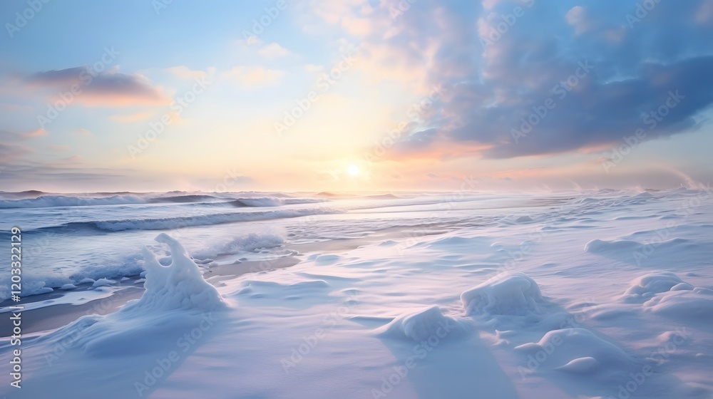 Obraz premium Frozen beach with snow meeting the icy ocean waves in a serene minimalist winter landscape Tranquil and peaceful coastal scene with a calm blue horizon