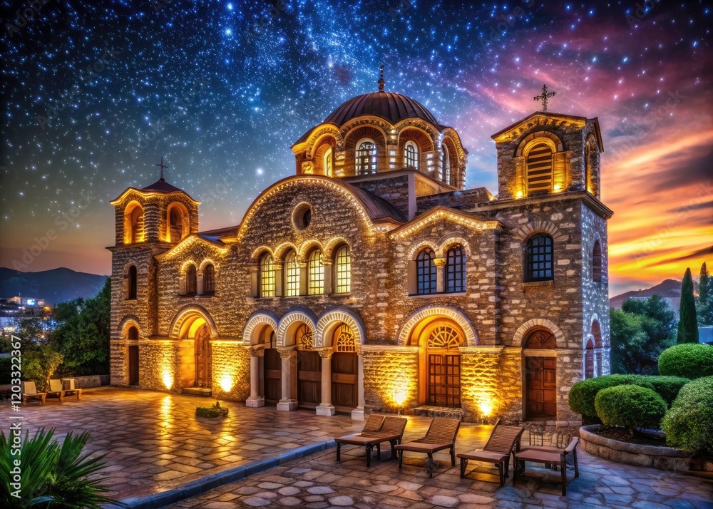 Obraz premium Illuminated Byzantine architecture: St. Demetrios Church, Thessaloniki, a breathtaking Greek Orthodox night scene.
