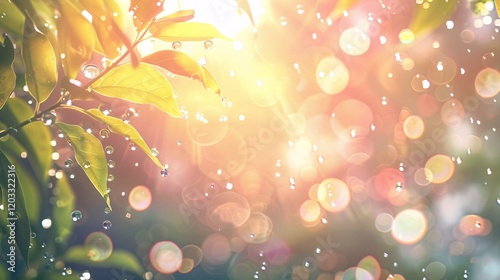 Light bubbles and bokeh on dewy leaves, photorealistic and minimal style