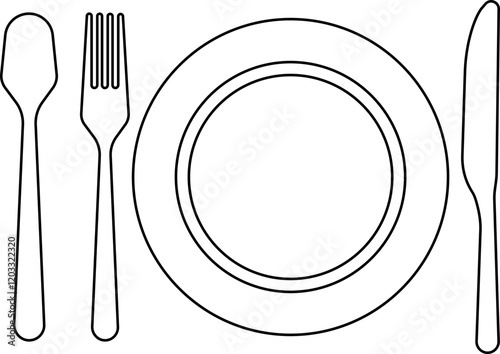 Cutlery plate icon Place Setting Paper Plate, Plastic Fork, Spoon, Knife black line and flat vector  isolated on transparent background. Utensils meal crockery symbol for food and app
