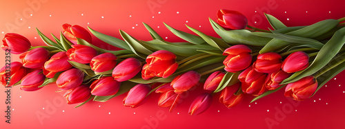 Red spring tulips bouquet on long pink banner, perfect for March 8 and Mother's Day
