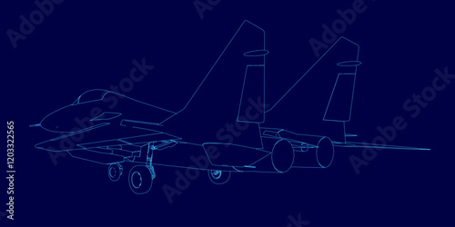Blue jet is shown in a blue image. The jet is a fighter jet and is shown in a stylized way. The image has a futuristic and sleek look to it