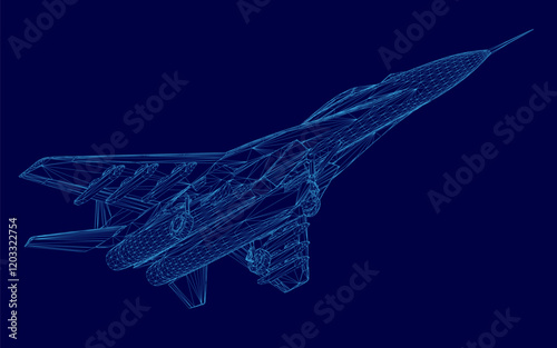 Blue jet is shown in a computer generated image. The jet is in the middle of the image and is the main focus. The image has a futuristic and technological feel to it