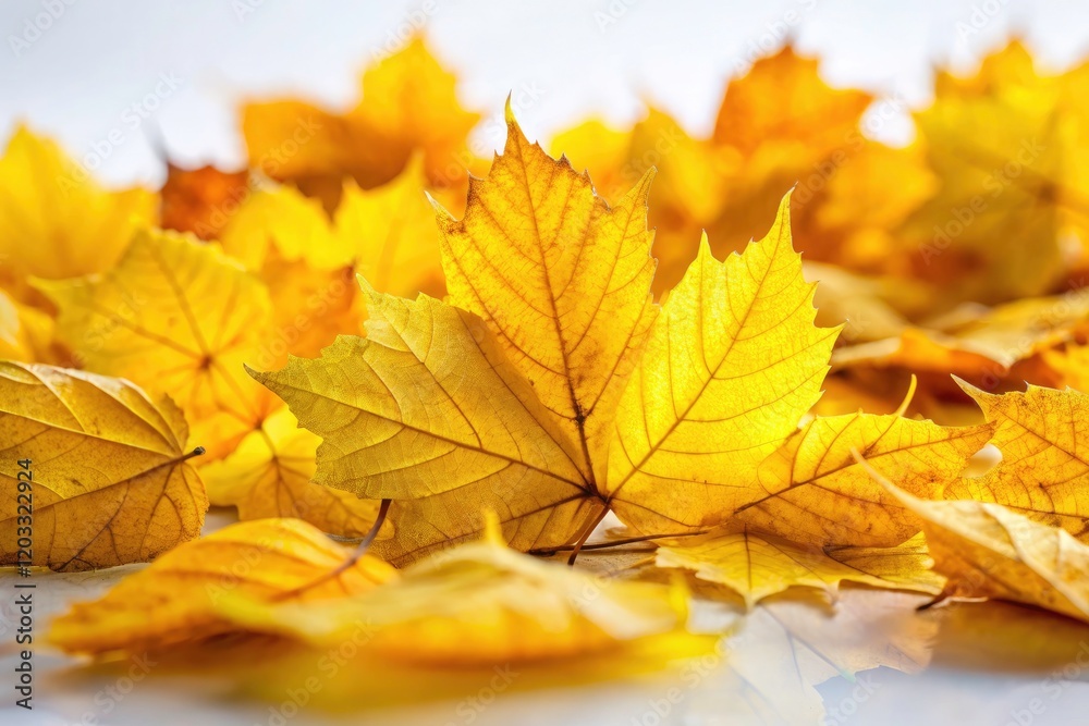 Fototapeta premium Intricate yellow leaf macro, illuminated in low light against a white backdrop, dark background.