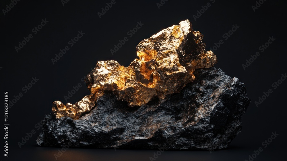 Fototapeta premium A detailed image of a gold nugget showcasing its natural form and luster, positioned on a black background to emphasize its brilliance