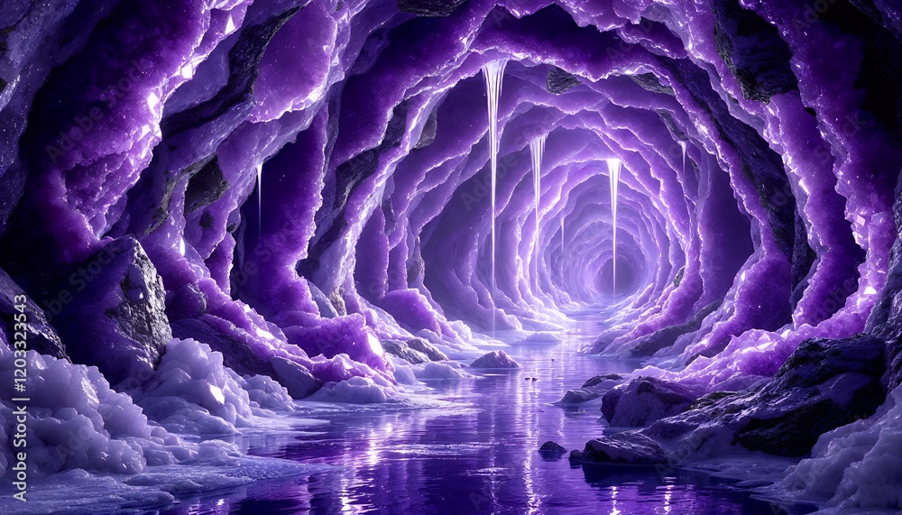 Obraz premium Enthralling Journey Through a Glowing Purple Crystal Cave: A Digital Fantasy Landscape