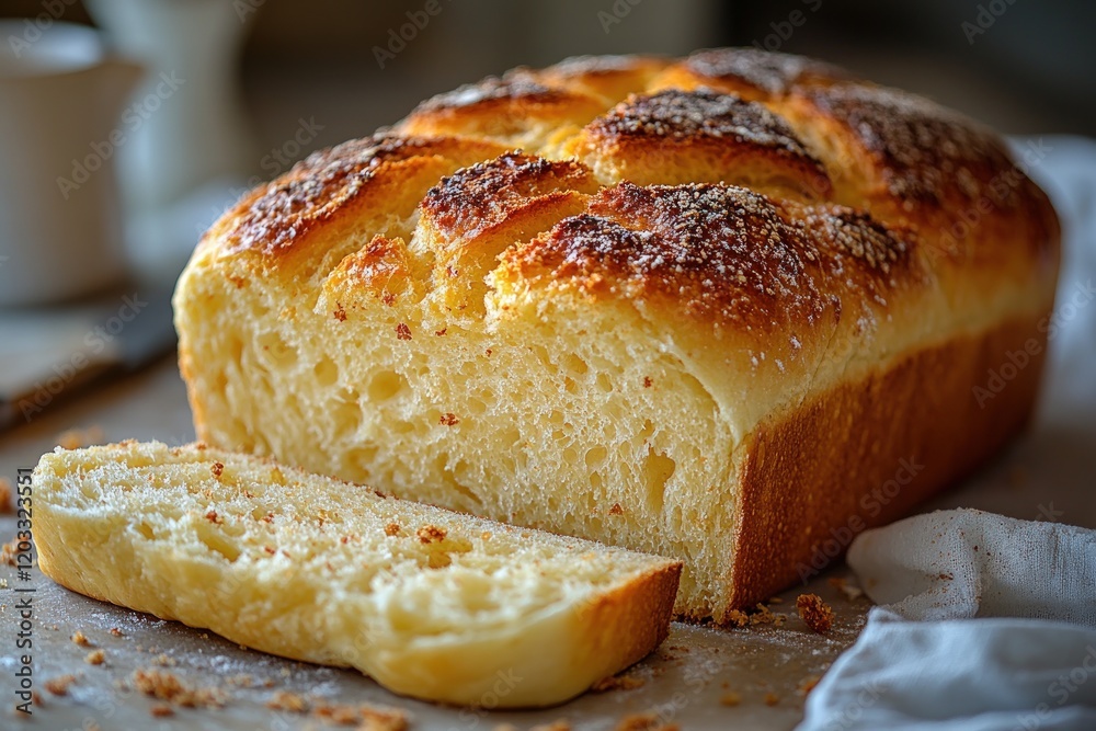Golden-crusted bread loaf, sliced, dusted with sugar. Golden-crusted bread loaf, sliced, dusted with sugar.