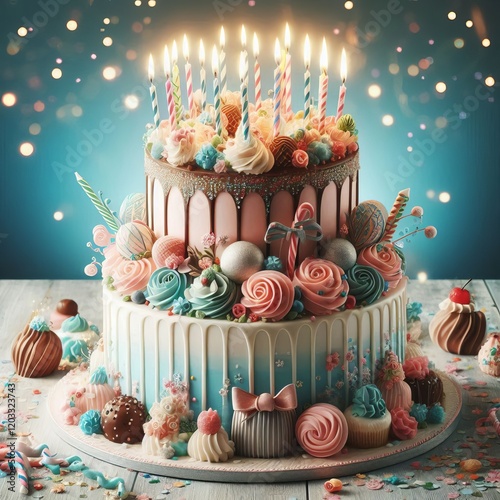 Birthday Cake A multi tiered cake with candles and decorations