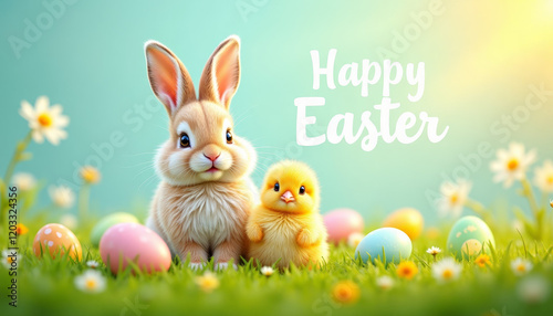 Adorable bunny and chick sitting together on green grass with colorful eggs and Happy Easter text