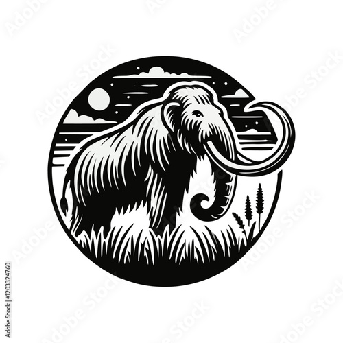 Mammoth silhouette. engrave black icon on white background