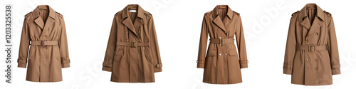 This image showcases a stylish collection of classic brown trenchcoats and coats arranged in a professional organized manner