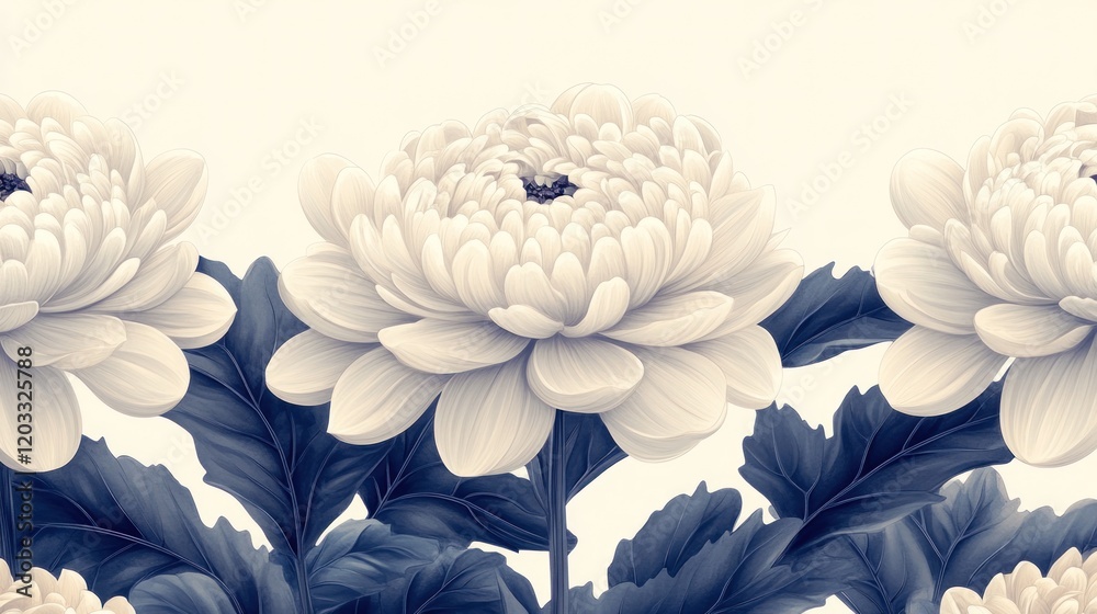 Obraz premium Elegant floral pattern showcasing large white chrysanthemums with lush green leaves on a soft background
