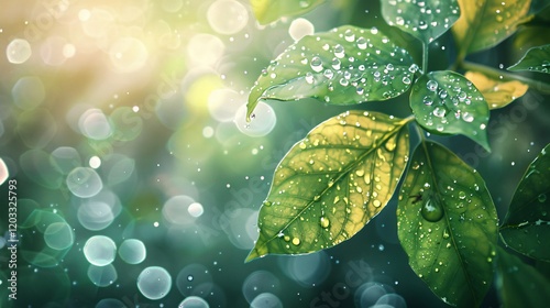 Dew-covered leaves with light bubbles and bokeh, photorealistic and minimal style