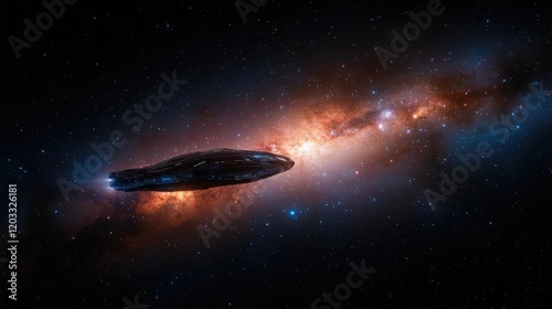 Fototapeta Naklejka Na Ścianę i Meble -  Spaceship navigating nebula, cosmic travel, galaxy background, sci-fi illustration