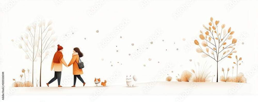 A couple walking hand in hand in a snowy park, their dog joyfully bounding ahead and their cat peeking from a sling bag A couple walking hand in hand in a snowy park, their dog joyfully bounding ahead and their cat peeking from a sling bag