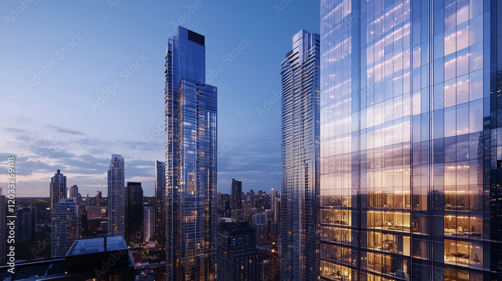 Obraz premium Skyscrapers in Downtown City with Modern Architecture at Dusk