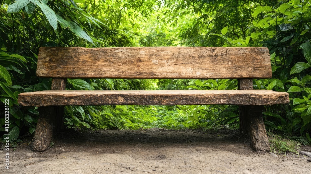 Rustic wooden bench in lush garden, peaceful scene, nature background, relaxation Rustic wooden bench in lush garden, peaceful scene, nature background, relaxation