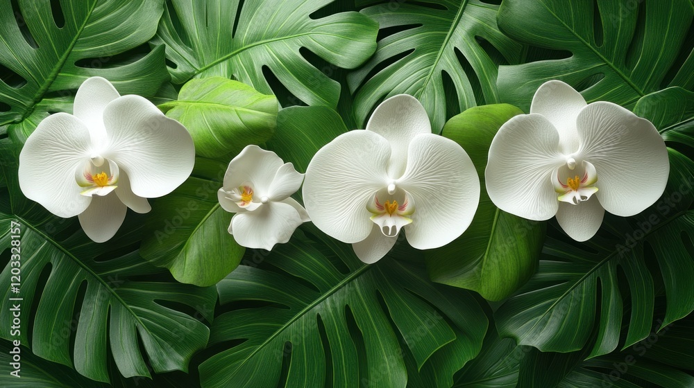 Obraz premium Elegant white orchids blooming among lush green tropical leaves in a serene garden setting